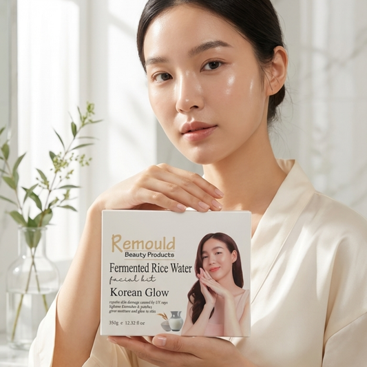 Woman in silk robe holding Remould Fermented Rice Water Facial Kit showing Korean Glow skincare packaging in bright bathroom setting