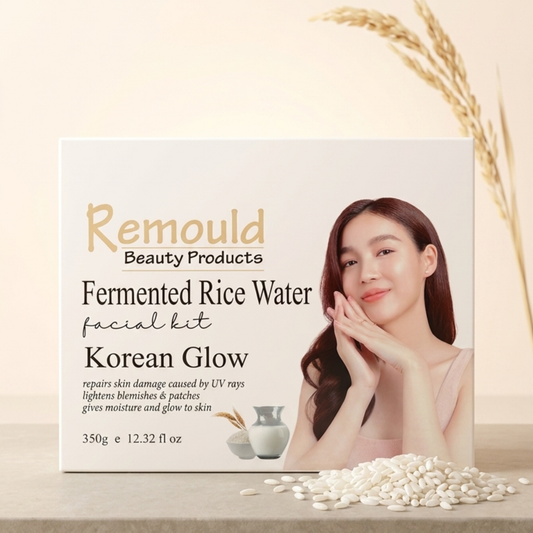 Remould Fermented Rice Water Facial Kit Korean Glow box displayed on white pedestal with scattered rice grains and cherry blossom branches