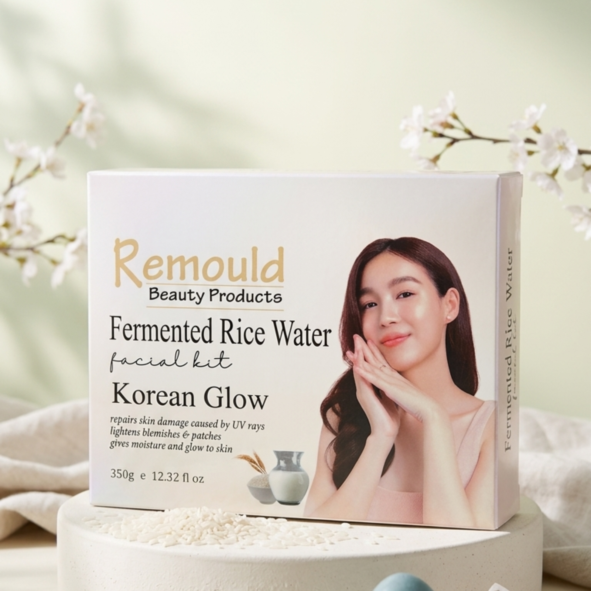 Close-up of Remould Rice Water Facial Kit creamy texture and packaging details showing 350g size for brightening treatment